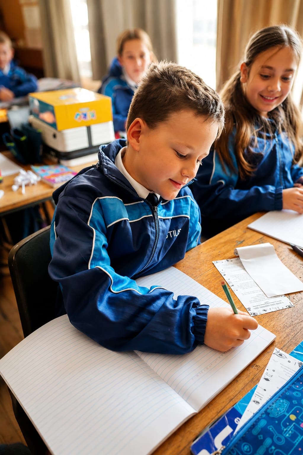 Jong leerder skryf met klasmaats in die agtergrond