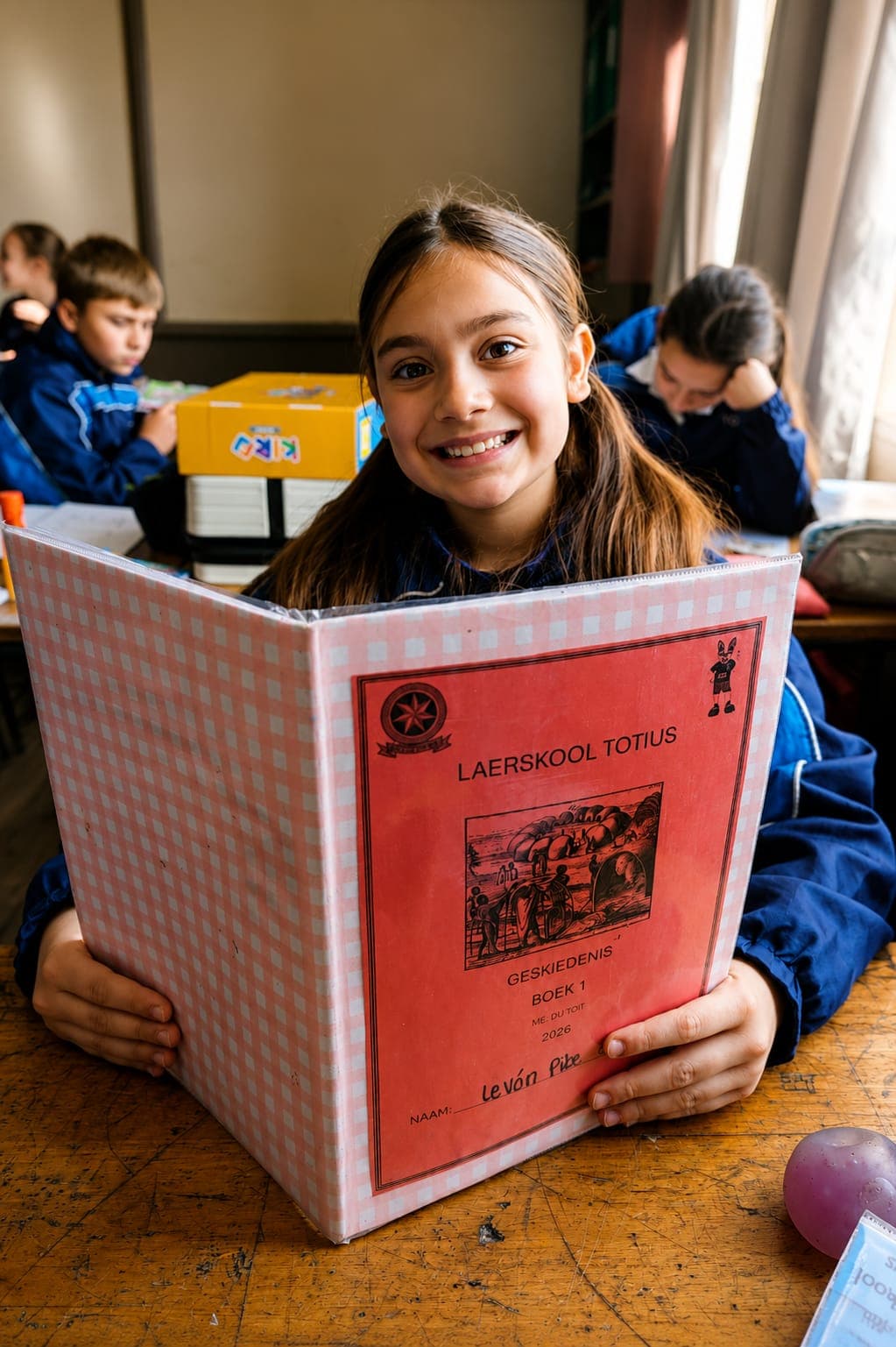 Glimlaggende leerder met haar Totius-geskiedenisboek